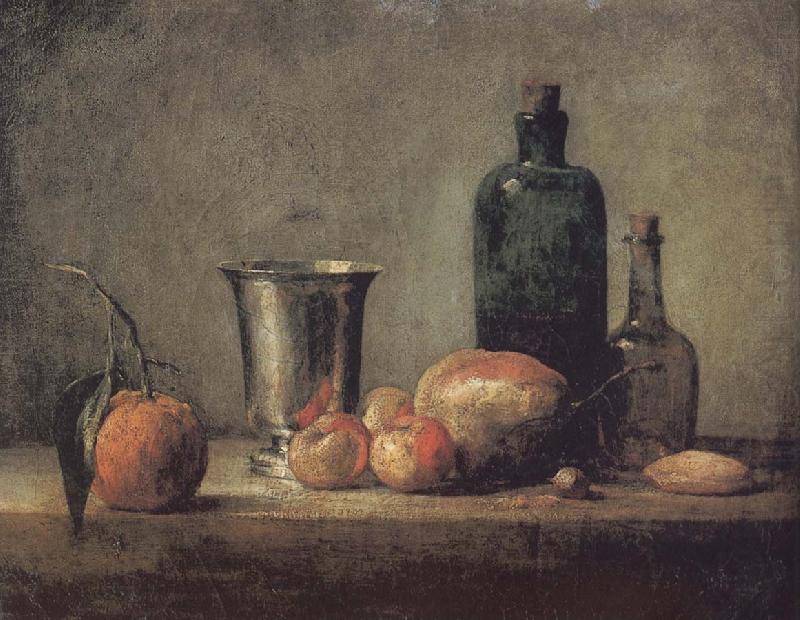 Orange silver apple pears and two glasses of wine bottles, Jean Baptiste Simeon Chardin